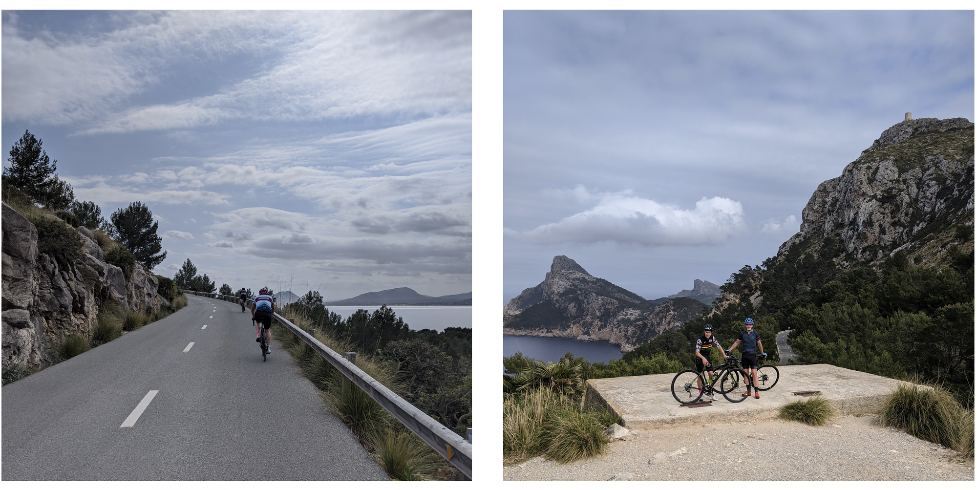 Heading up the Cap Formentor with James and Chris posing with their bikes