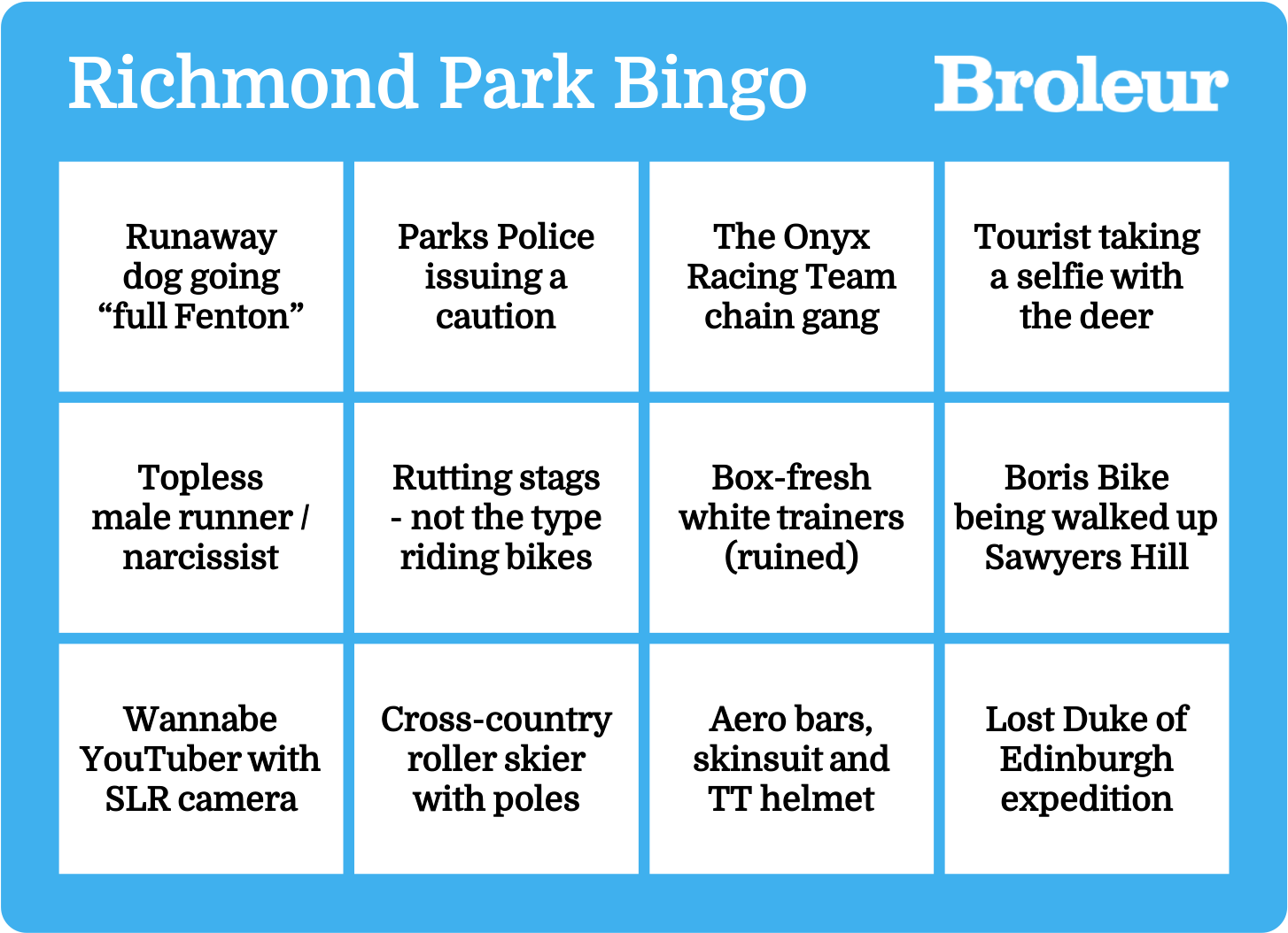 Richmond Park Cycling Bingo Card