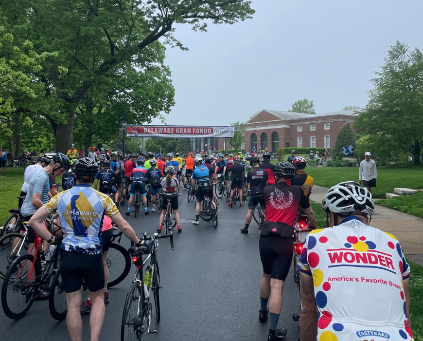 Cyclists at the start line of the Delaware Gran Fondo